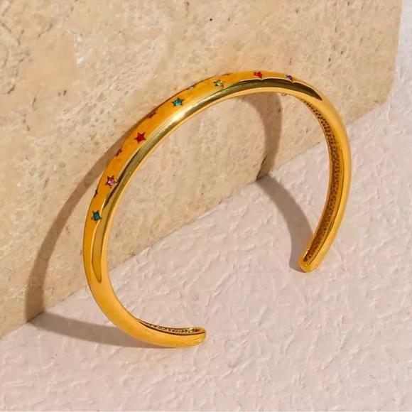 Anthropologie Gold Star-Studded Stainless Steel Waterproof Bracelet Cuff - Picture 3 of 6